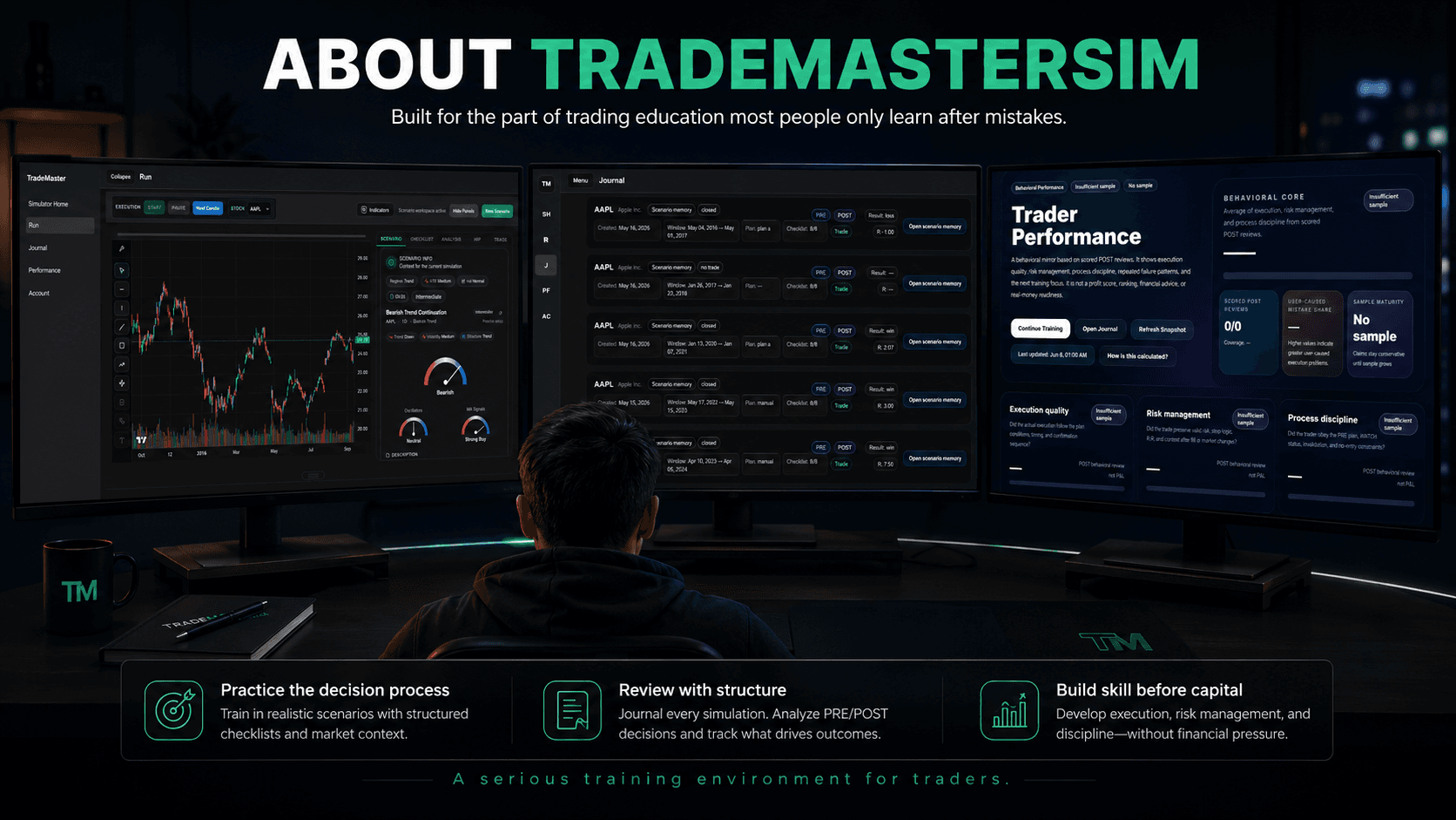 TradeMasterSim about page hero visual showing the simulator workstation