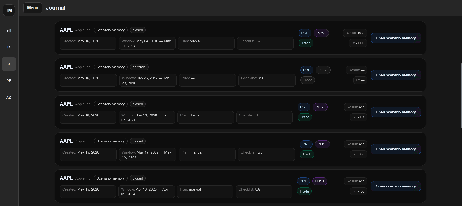TradeMasterSim journal and scenario memory interface